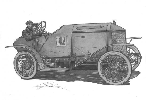 Laurin & Klement FCR, 1909-1911. Зад волана е Александър Команос, главен секретар на Кралския автомобилен клуб на Египет